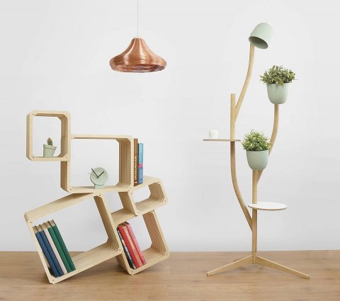 A selection of our products: shelving, lamps, flowerpot and small clock