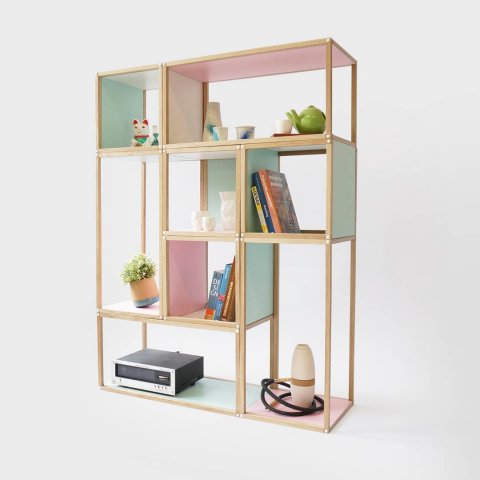 Our modular shelving, named the Stack. Each unit is stackable or can be used seperatly