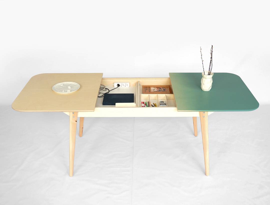 Slide the tabletop open for extra storage or extend the table
