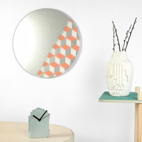 New addition to our collection: mirrors. 
Half reflective and half a graphical pattern. Available in more colors