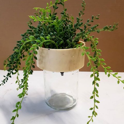 How about some re-use? A flowerpot that uses an empty glass jar as water reservoir. Any toughts?