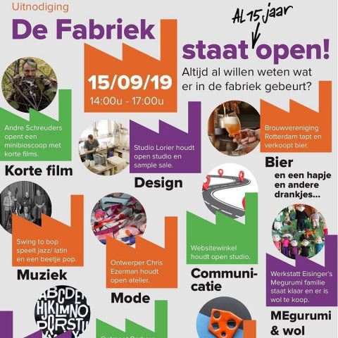 This Sunday the 15th September we open our doors! Come and see all different creators. Enjoy different workshops, sample sale, demonstrations and film. And there are drinks 🍻 @ditisdefabriek